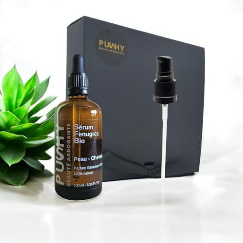 Huile de Fenugrec Bio pour grossir la Poitrine, Fesses, Hanches - Bouteille en Verre Ambré + Pipette + Pompe + Coffret - Odeur d'Huile Essentielle de Rose - Végan, Naturelle (1 flacon = 100ml)