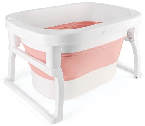 Baby Badewanne Faltbare Babybadewanne, Baby Bathtub Babywanne Wanne Faltbar mit Badewannenhocker, Rutschfeste Tragbare Reisedusche Badebecken Duschwanne für Neugeborene (Rosa, 72 * 51 * 42cm)
