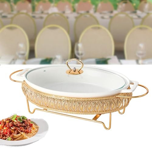 Ceramic Chafing Dish Buffet Set, Food Warming Container, Buffet Warmer Set with Glass Transparent Lid, Gold Chafing Dish, Warming Tray, for for Buffet Weddings, Parties, Banquets,S