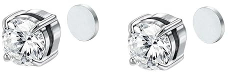 8MM Stainless Steel Magnetic Stud Earrings, Shiny Round Cubic Zirconia Stud Earrings for Non-Pierced Ears Hypoallergenic Not Easy to Fall off, Unisex Magnetic Earrings Diamond Earrings (Silver)