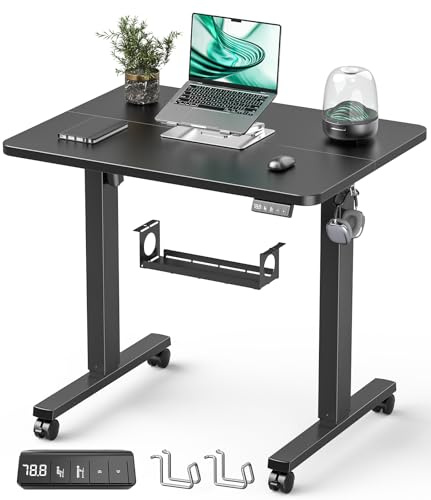 Xyndyx Small Height Adjustable Electric Standing Desk, 31.5 x 23.6 Sit Stand up Desk with Splice Board, Ergonomic Rising Computer Home Office Desk Table with Memory Preset, Black Frame/Black Top