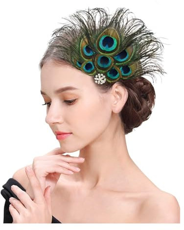 YZROHYI Plumas Pavo Real Pelo,Clip Pelo Plumas Retro,Tocado de Plumas Pavo Real,Diadema de Plumas Mujer,Tocado Carnaval,Adorno Pelo Plumas Accesorios,Horquillas Pelo Plumas,Velo de Plumas de Boda