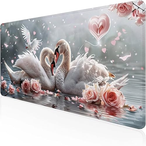 Svan musmatta 1000 x 500 mm, spelmusmatta rosa skrivbordsunderlägg med sömmar kant vattenfast halkfri gummibas skrivbordsmatta för PC, kontor speltillbehör bärbar dator, presenter till män I-Z