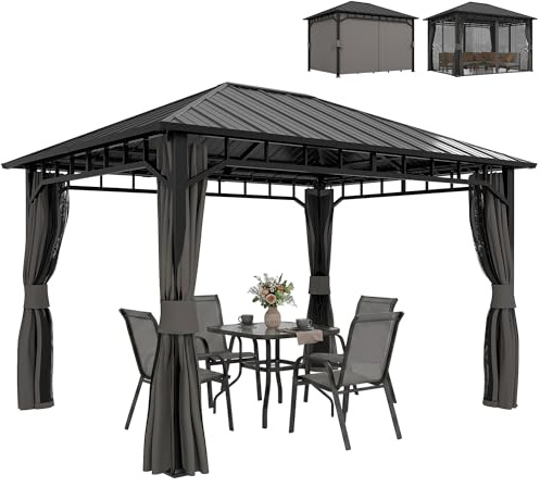 Outsunny Pavillon 3,9 x 3 m Wasserdicht Stabil Winterfest Gartenpavillon mit Seitenteile Moskitonetz Haken Hardtop, Garten Pavillon aus verzinktem Metall, Partyzelt für Garten, Terrasse, Dunkelgrau