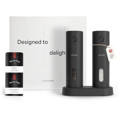 LARS NYSØM Elektrische Gewürzmühlen & Gewürze Geschenkset - Salz- und Pfeffermühlen Set mit 2 hochwertigen Gewürzdosen (Salz, Pfeffer) - Schöne Geschenkbox (Carbon Black)