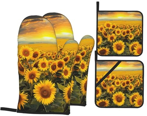 Ofenhandschuhe und Topflappen, Sonnenblumenfelddruck, wasserdicht, hitzebeständig, Küchenhandschuhe, Topflappen zum Kochen, Backen, Grillen, 4 Stück