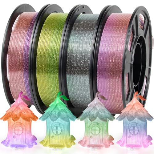 iSANMATE High Speed PETG Clear Glitter Filament 1.75mm, 4 Colors PETG Transparent Gradient Filament, Maßgenauigkeit +/- 0.02mm, 250g/Spule*4, Transparent Regenbogen Filament für 3D Drucker