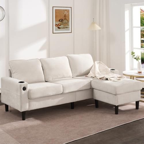 Gepolstertes Schlafsofa in L-Form, lang mit USB- und Type-C-Anschlüssen, Dreisitzer mit Getränkehaltern, für Wohnzimmer, Wohnung und Schlafzimmer, Beige