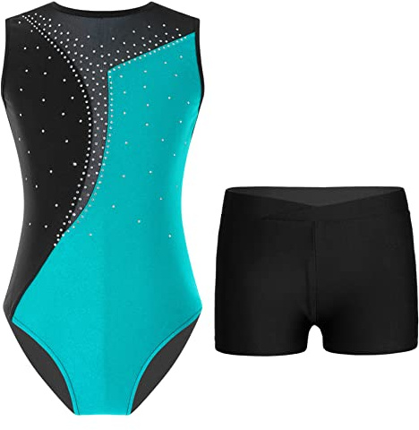 iiniim Mädchen Turnanzug Glitzer Gymnastikanzug mit Shorts Ärmellos Gymnastik Leotard Ballett Trikotanzug Wettbewerb Tanzkostüm D Blau Grün&Schwarz 170-176