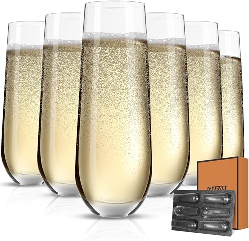 GLAZVIA Stemless Champagne Flutes Glasses Set of 6,285ml Elegant Crystal Champagne Glass, Classic Clear Flute Gift for Wedding, Anniversaries, Parties, Birthday, Restaurant, Home Bar