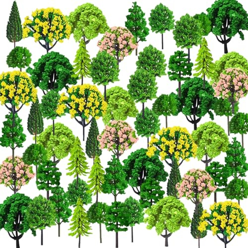 RFYTDCF Modellbau Bäume, 55 Stück Miniatur Bäume Architektur Diorama Eisenbahn Deko Kunstbaum Mischwald für DIY Landschaft Sandtisch Mini Landschaftsgestaltung 3-7cm