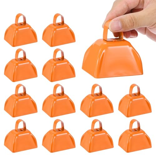 PATIKIL 16pcs Cow Bells for Football Games, 3inch Cowbells for Sporting Events Bulk Loud Noise Makers Metal Cow Bell with Handle for Cheering Competition Marathon Wedding, Orange