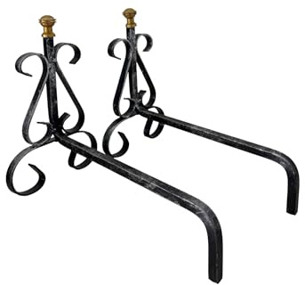Alari in Ferro Battuto per Camino con Pomelli in Ottone, 30x26h cm, Design Decorativo