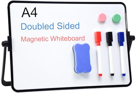 Marte Vanci A4 Magnetic Whiteboard, Mini White Board with Adjustable Stand, Small Desktop Dry Erase Whiteboard with 3 Marker, 1 Eraser & 2 Magnets, Portable Double Sided Board for Office Home School