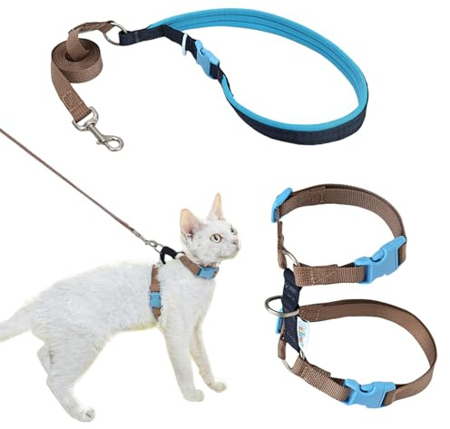 Duuclume Verstellbares Katzengeschirr und Leine, ausbruchsicher, leichte H-Weste, sichere bequeme Leinen für Spaziergänge und Training mit Kätzchen, Braunblau
