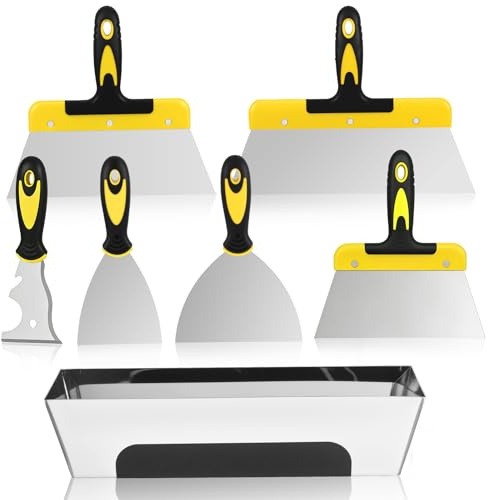 Wallpaper Scraper Set - 7 Pieces Stainless Steel Drywall Hand Tool Kit Includes Putty Knife, Taping Knife, and 12 Mud Pan with Soft Grip Handle for Drywall Work Decals Plastering Tools Set