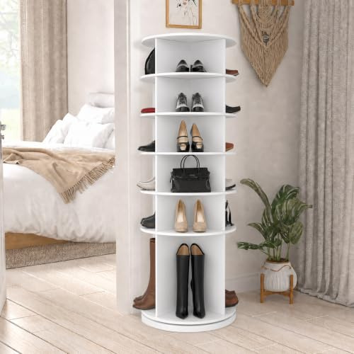 TWSOUL Drehbarer Schuhschrank Weiß, 360-Grad Schuhkarussell mit 6 Ebenen, Rundes Vertikales Schuhregal Platzsparend, Organizer für Schuhe und Handtaschen, Stabiler Runder Schuh-Organizer