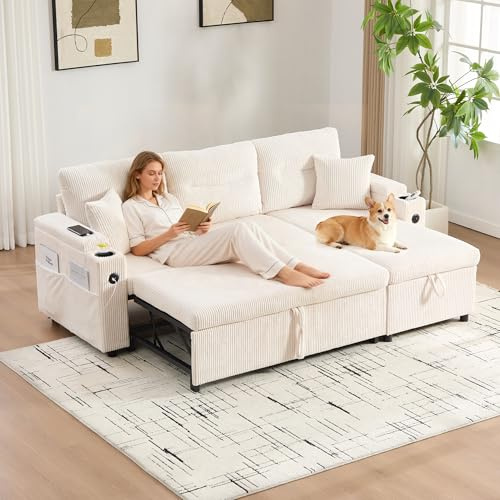 Canapé convertible, canapé-lit modulable en L avec lit gigogne et méridienne de rangement, canapé d'angle convertible 3 places avec 2 porte-gobelets et ports USB pour salon, home cinéma, Beige