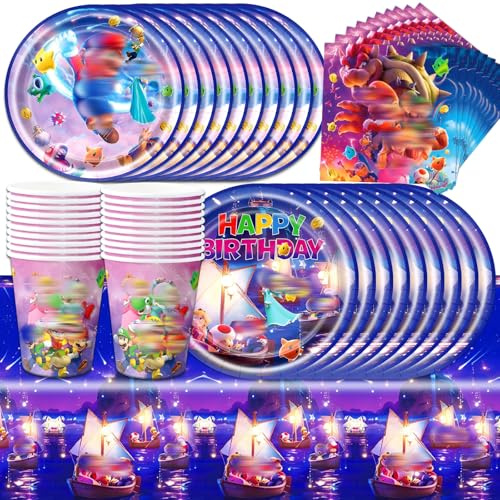 81Pcs Super Birthday Decorations, Birthday Party Decorations, Kids' Party Tableware Set with Plates Tablecloth Napkins Cup for Fans Girls