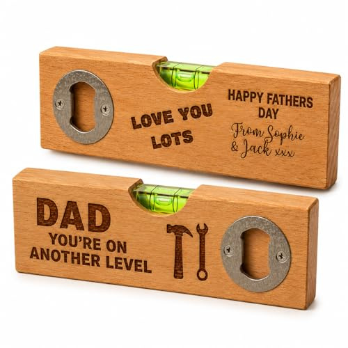 Personalised Father’s Day Gift for Dad – Custom Engraved Spirit Level Bottle Opener – Funny DIY Gift for Dad, Grandad, Stepdad – Personalised Wooden Keepsake