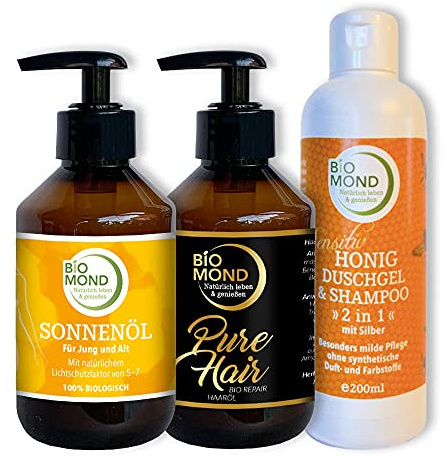 Set Sommer: BIO Sonnenöl Sunoil 200 ml, Bio Haarkur Haaröl Pur Hair 200 ml, Honig Duschgel 200ml Naturkosmetik frische Pflanzenöle.