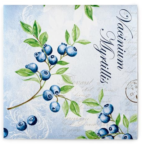 Sovie HORECA Serviette BÄRBEL in BLAU aus Linclass® Airlaid, 40 x 40 cm, 1/4 Falz, 50 Stück, Heidelbeeren Blaubeeren Design, weich, saugfähig, hochwertig, ideal für Party und Gastronomie