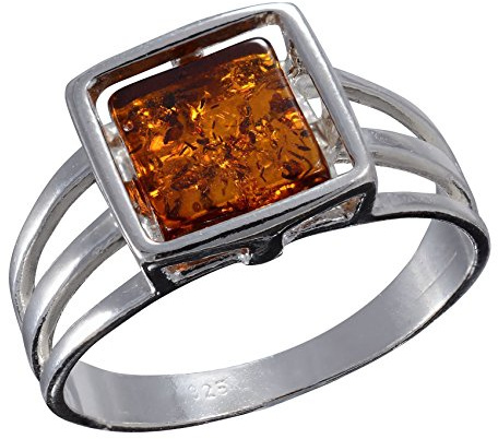 HolidayGiftShops Sterling Silver and Baltic Honey Amber Flat Square Adult Ring- size 6