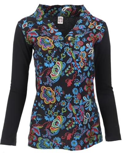 Guru-Shop, Camicia a Maniche Lunghe Ricamata con Scollo a V Flower Power Hippie Chic, Nero/colorato, Cotone, Dimensione Indumenti:XL (42), Maglioni, Felpe a Maniche Lunghe