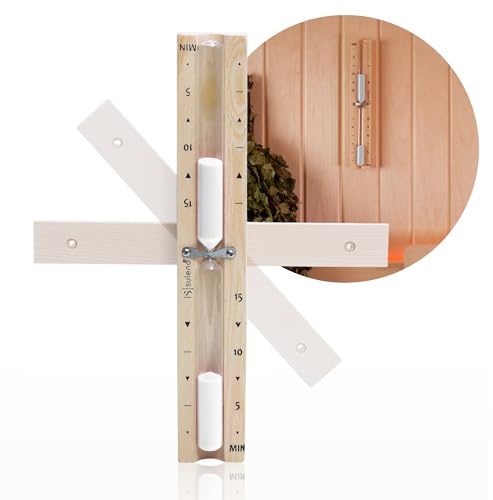 Suleno® Sauna Sanduhr 5-15 Minuten – Hitzebeständiger Zeitmesser aus Holz, Glaszylinder mit weißem Sand, Präzise für Sauna, Wellness und Dampfbad, Wandmontage