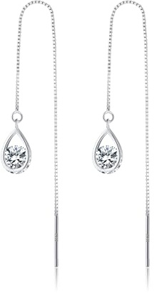 Reffeer 925 Sterling Silver CZ Droplet Dangle Earrings Chain for Women Long Threader Earrings Tassel