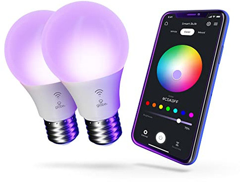 Globe Electric 34207 Wi-Fi Smart 10 Watt (60W Equivalent) Multicolor Changing RGB Tunable White Frosted LED Light Bulb 2-Pack, No Hub Required, Voice Activated, 2000K - 5000K, A19 Shape, E26 Base