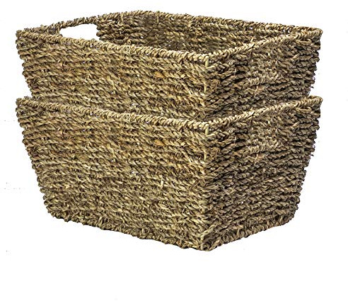 Set of 2 Seagrass Storage Baskets with Handles|Woven Organisers | Natural Woven Storage Bins, Bathroom Organiser, Bedroom Storage, Shelf Baskets, Home Organisation