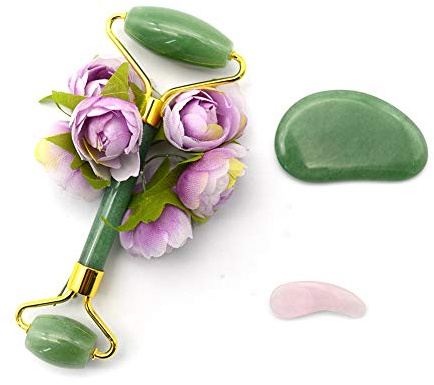 Natural Face Eyes Spa Pflegeset, Jade Roller + Jade Kratzer Guasha Massage Werkzeug + Jade Eye Löffel