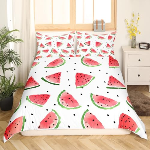 Feelyou Watermelon Duvet Cover Set Kids Boys Girls Delicious Fruit Print Bedding Set Watermelon Seeds Comforter Cover Cool Summer Bedspread Cover,Room Decor 3Pcs Bedding Queen Size