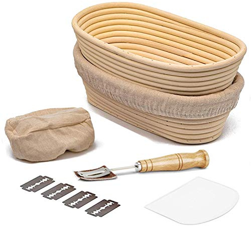 Gärkörbchen Oval 2er Set(Ø 25cm),Gärkorb Natürlichem Peddigrohrmit Banneton Proofing Basket Brotform Oval mit 5 Rasierklinge Bäckermesser+Leineneinsatz+Teigschaber für Hausbäcker Brot Backen