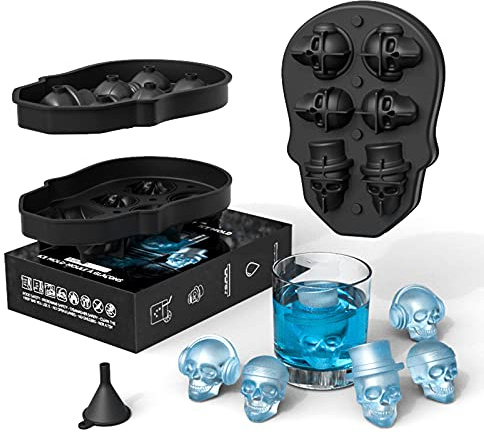 Holzsammlung 3D Totenkopf Eiswürfelformer mit Deckel, Silikon Eiswürfelformer, Gefrierfach für Gin Whisky, Scotch, Cocktail und Likörgläser, Backform, Gelee, Mousse Cake, Halloween Party