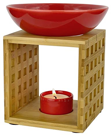 Bitto Quemador de aroma Riga con vela, cuenco grande, comercio justo, lámpara aromática de madera de bambú y cerámica