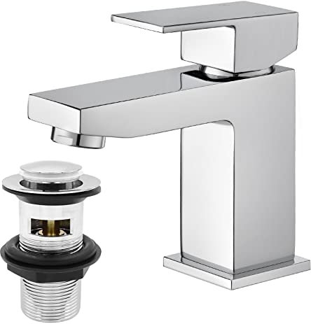 BATHWEST Square Basin Mixer Tap with Drain,Brass Bathroom Sink Taps with Pop-Up Waste,Chromed Monobloc Ceramic Cartridge Five-Layer Shielding Bathroom Taps with Sink Plug 492MCR