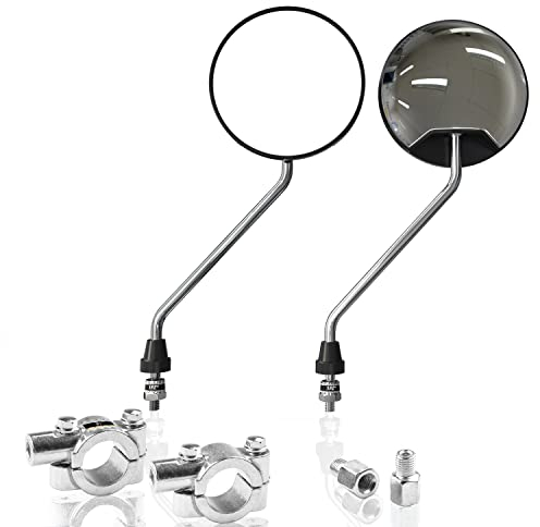 1PZ F11-MS1 Rétroviseur de moto rond argent universel réglable classique M8 / M10, Miroir Latéral de moto avec support de 7/8 22 mm pour Go Kart VTT ATV Scooter Dirt Bike Mini Vélo Cyclomoteur Quad