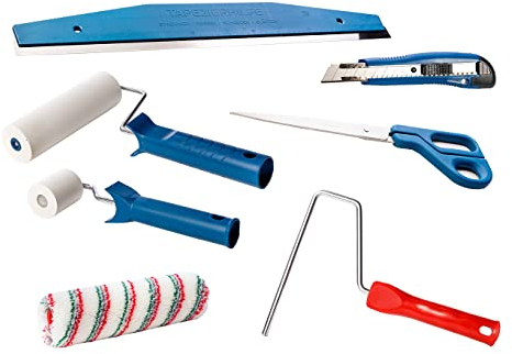 Tapezier-Set - 7-teilig - Tapezierbeschneidelineal 60cm, Schere und Cuttermesser, Kleisterwalze mit Bügel, Tapetenandrückroller 15 cm, Nahtroller 5cm - Renovier-Set