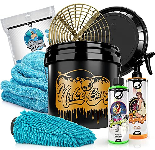 Nuke Guys Handwäsche Auto Bundle - Wascheimer Set: 3,5GAL Bucket - Grit Guard Schmutzfalle - Deckel + Autoshampoo + Felgengel Felgenreiniger + Gamma Dryer XXL Trockentuch 50x80cm + Waschhandschuh
