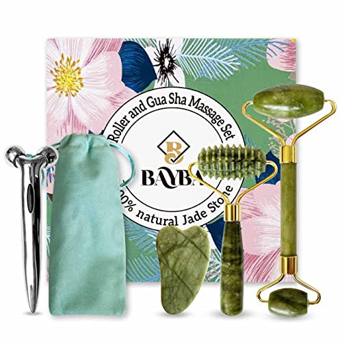 Rodillo jade autentico que incluye piedra gua sha y rodillos dentado y 3D. Masajeador facial natural antiarrugas para el cuidado de la cara. Roller de masaje para contorno de ojos rejuvenecedor.