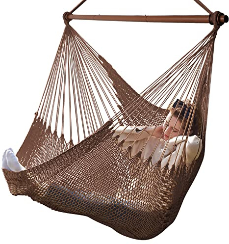 Bathonly Siège Suspendu Chaise Un Caraïbe avec Barre en Métal Amovible, Grande Hamac Chaise Pivotante, Chaise Suspendue en Corde XL pour Extérieur Et Intérieur, Capacité de 150 Kg, Marron