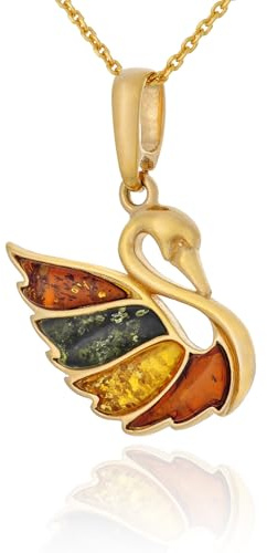 AMBEDORA Damen Schwan Halskette mit Bernstein, Vergoldetes Sterling Silber, Natürlicher Bunter Baltischer Bernstein, Vergoldeter Anhänger mit Kette