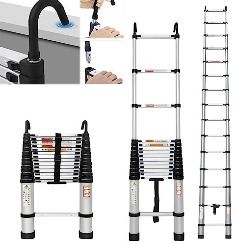 5M/16.4FT Aluminum Telescoping Ladders With Hooks Multi-Purpose Heavy Duty Extension Ladder, Non-Slip Telescope Portable Roof Ladder for RV or Home, Outdoor, EN131 Standards, 330lb/150kg Max Load