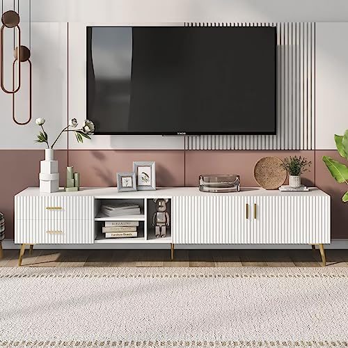 Dolamaní TV-Schrank 180x35x44cm, Flachbildschirm-TV-Schrank für 75-Fernseher, Moderne Entertainment-Center-Medienkonsole, Großer Praktischer Stauraum, Holz-Lamellentüren, Weiß