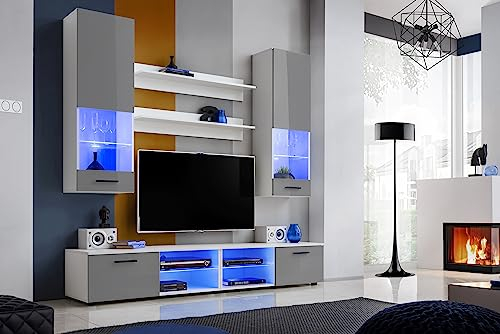 Komodee, Wohnwand Wohnzimmerset RTV Varallo, Grau Hochglanz/Weiß Matt, Breite 200cm x Höhe 195cm x Tiefe 45cm, Ohne LEDs, für Wohnzimmer, Schlafzimmer