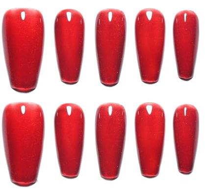 Sun&Beam Nails Handgefertigte Press-On Nails Long Ballerina Rot (#164 L) | Leuchtendes Rot mit feinem Schimmer und zartem Perlglanz, als 10-teiliges Set