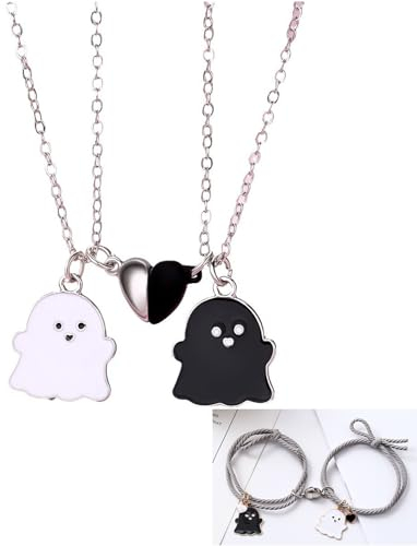 WUSANNA 2 Stück Kette Freundschaft, Bff Ketten für 2 Mädchen, Freundschaftsketten Schwarz Weiß Geist Kette Herz Anhänger, Freundschaftskette mit 2 Freundschaftsarmbändern
