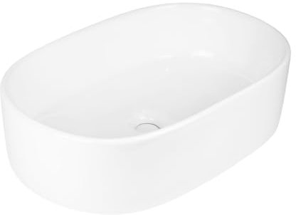 Lavabo Da Appoggio Ceramica Bianco Ovale Arredo Bagno Lavandino 56x35x14 Cm (LUCIDO)